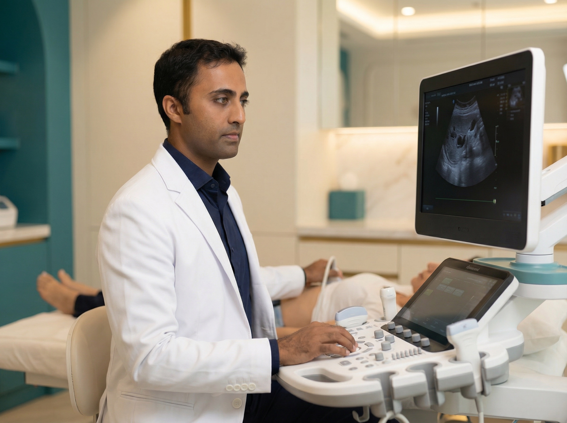 Doctor performing breast ultrasound examination with modern equipment at HEALTHiClinic