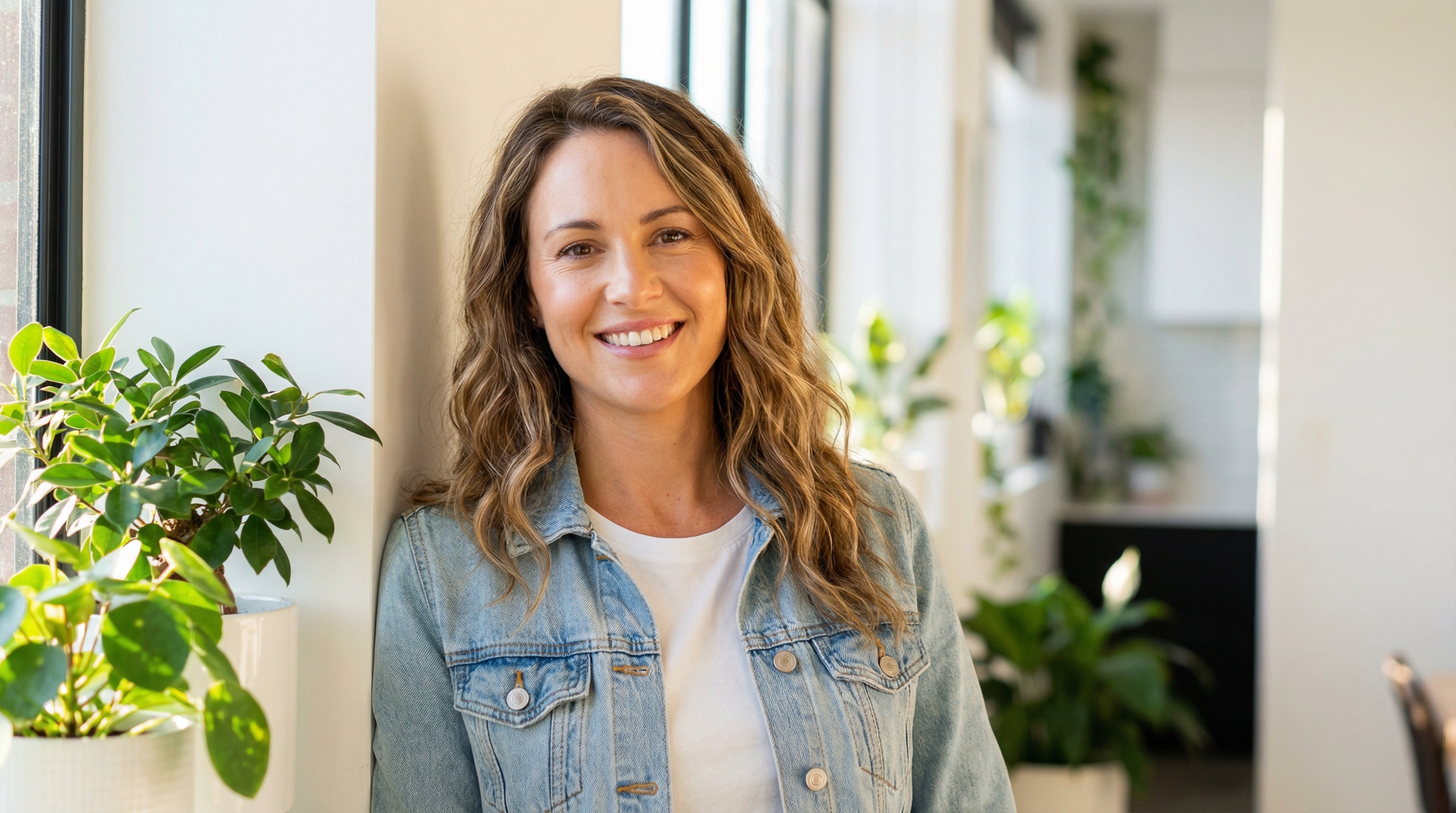 Relaxed woman in cream sweater in cozy living room representing women without implants