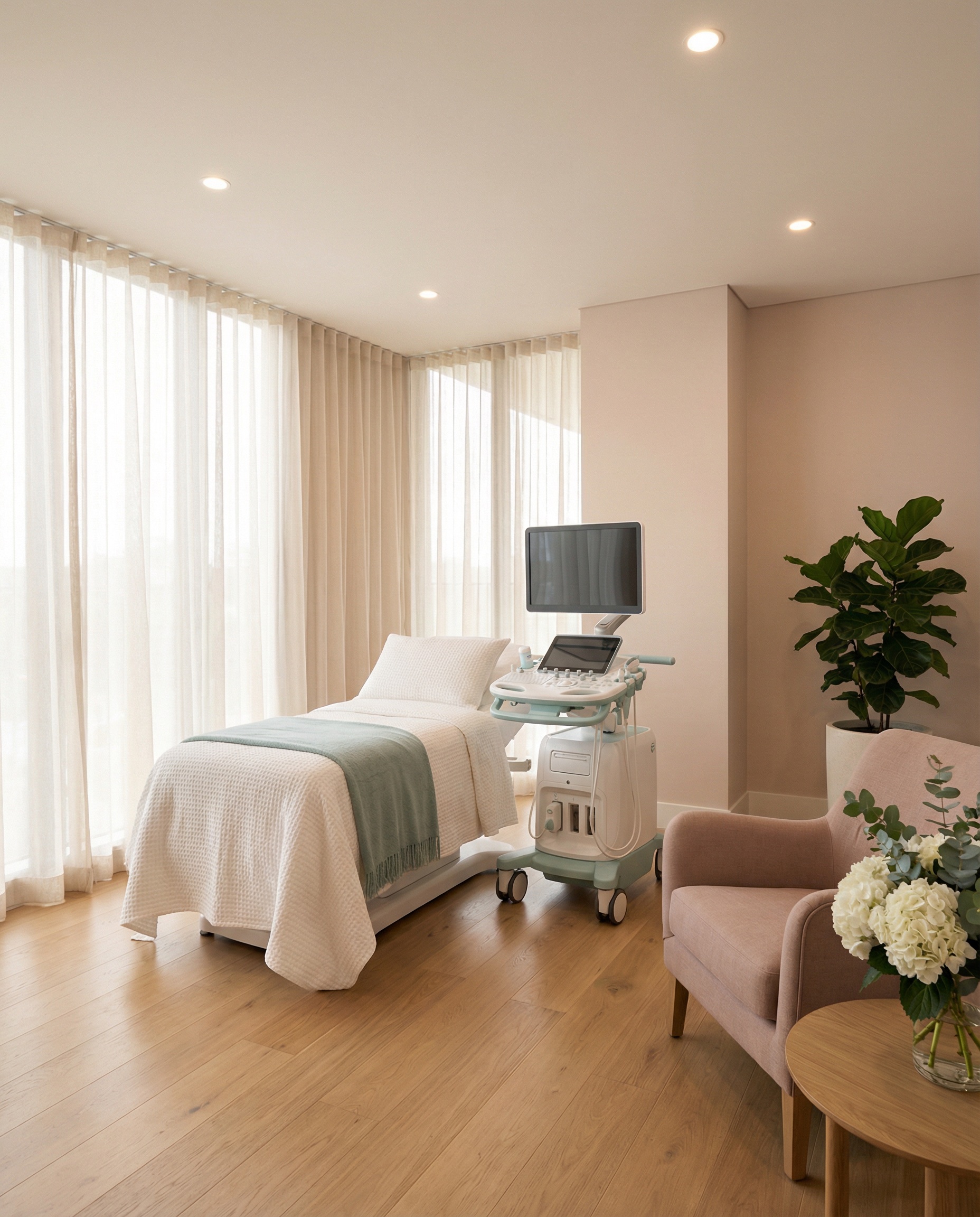 Modern breast screening room at HEALTHiClinic Greenwich with ultrasound equipment and comfortable patient bed